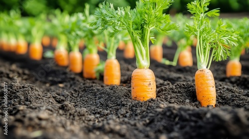 Carrots Growing in Rich Soil on a Sunny Day in a Vibrant Vegetable Garden