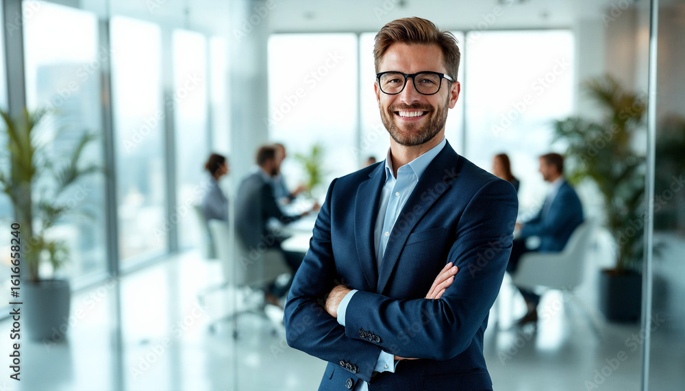 custom made wallpaper toronto digitalConfident executive stands before a glass meeting room in a modern office.
