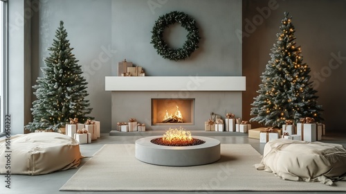 Cozy Winter Living Room With Decorated Trees and Glowing Fireplace on a Festi...