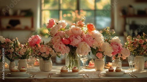 Beautiful Floral Arrangement at a Charming Table Setting for a Spring Celebra...