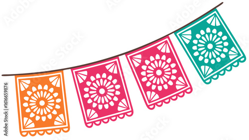 vibrant papel picado banner string vector illustration design and ofwhite background.