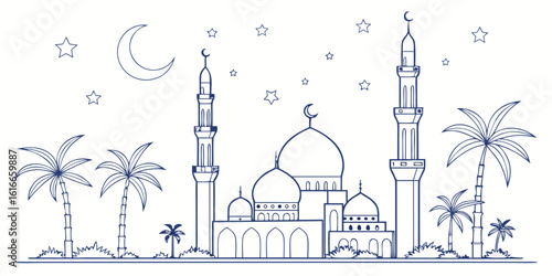 serene islamic night scene with mosque and moon vector illustration design.