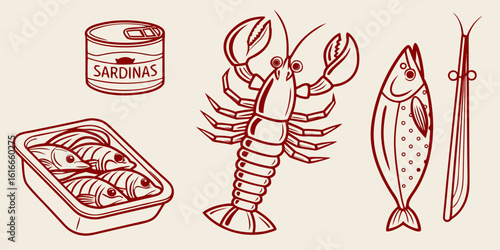 monochrome vector illustration of diverse seafood products illustration background.