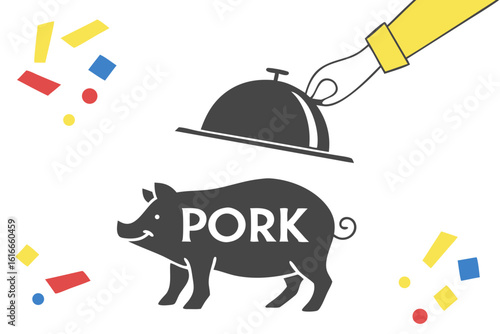 a celebratory unveiling: pork dish reveal with confetti isolated on white background.