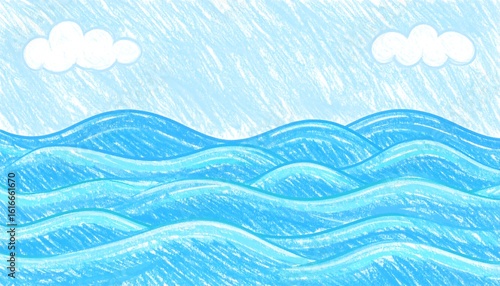 Child's drawing of a blue sea with clouds