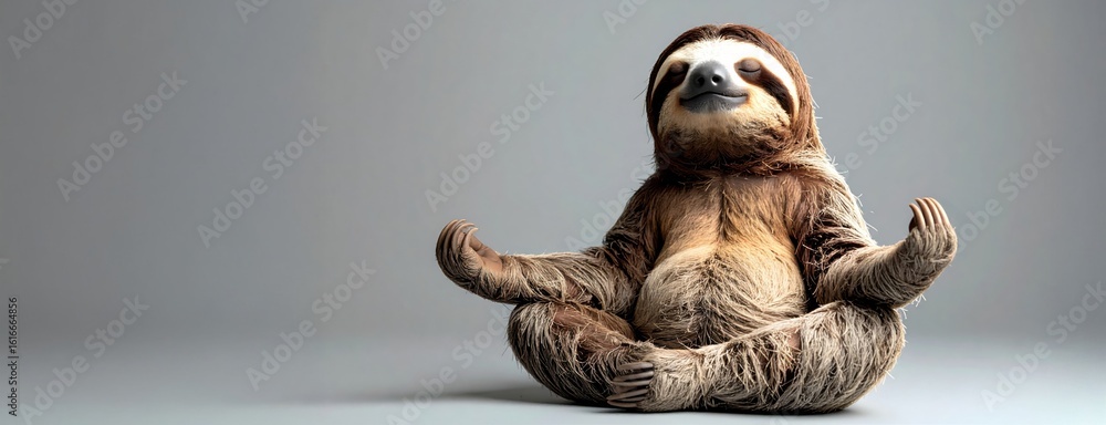 Fototapeta premium A meditating sloth in a yoga pose representing relaxation, mindfulness and humor with a blend of anthropomorphism and peaceful stillness