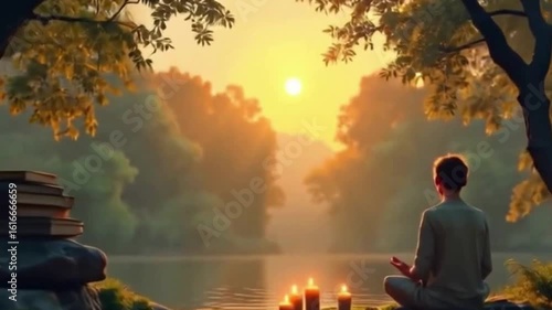 Serene yoga meditation by golden lake at sunset with glowing candles and books, perfect wellness retreat getaway concept