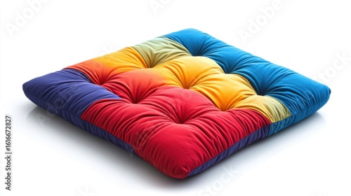 This image features a uniquely designed square cushion with a vibrant rainbow color pattern, perfect for adding a pop of color to any modern living space or artistic setting.