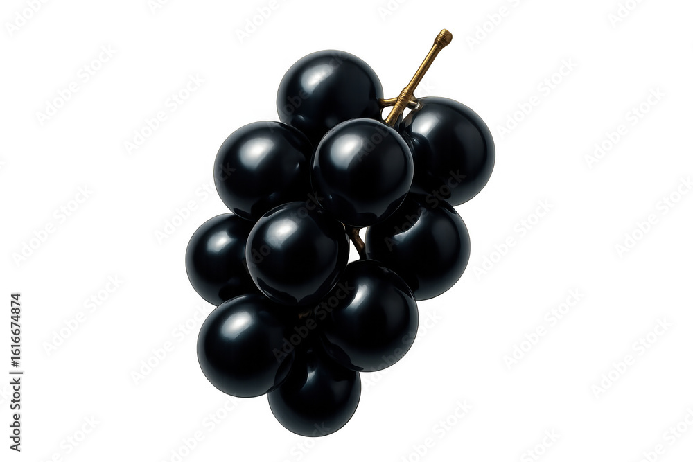 Fototapeta premium Close-up view showing ripe black grapes clustered on golden vine stem, suspended against transparent background