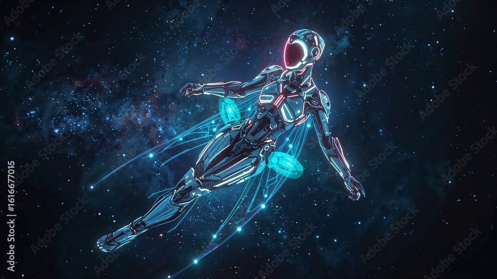 Naklejka premium A woman in a blue suit is flying through space
