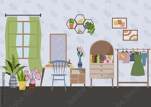 Cozy room interior with furniture. Dressing table with mirror, chair, window and green plants. Hanger with clothes. Minimalistic wardrobe concept for modern lifestyle. Vector illustration