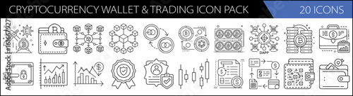Cryptocurrency Wallet & Digital Trading Icon Set – 20 Fintech Line Icons

