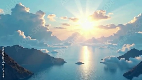 Breathtaking aerial view of a serene lake surrounded by majestic mountains under a vibrant sky perfect for travel and relaxation videos