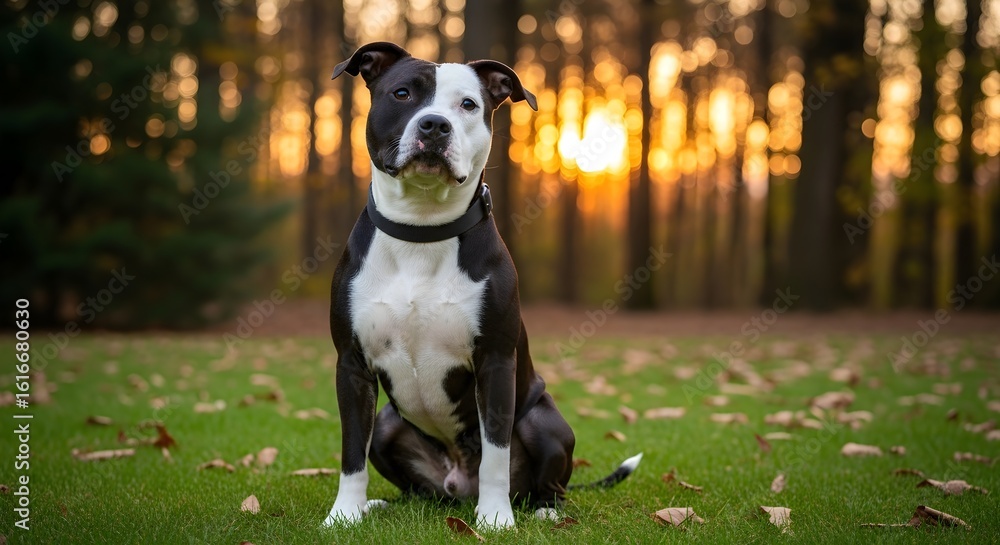 Majestic Pitbull Sits Proudly in Golden Hour Forest Light Capturing Serene Autumnal Ambiance. Majestic Pitbull Sits Proudly in Golden Hour Forest Light Capturing Serene Autumnal Ambiance.