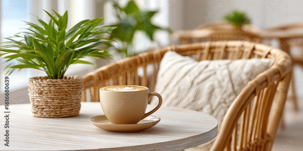 Inviting cup of latte art coffee on table in bright cozy cafe with natural decor for lifestyle marketing. Inviting cup of latte art coffee on table in bright cozy cafe with natural decor for lifestyle marketing.