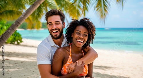 Wallpaper Mural A couple embracing and smiling on a tropical beach with palm trees and turquoise water in the background Torontodigital.ca