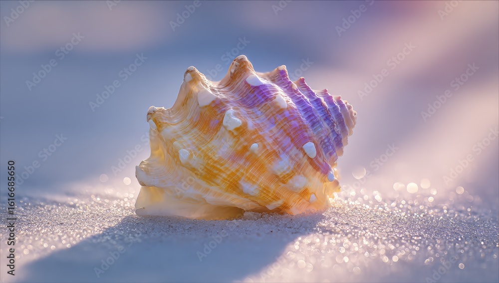 Seashell on sandy beach at sunrise, ocean blurred. Relaxation postcard Seashell on sandy beach at sunrise, ocean blurred. Relaxation postcard