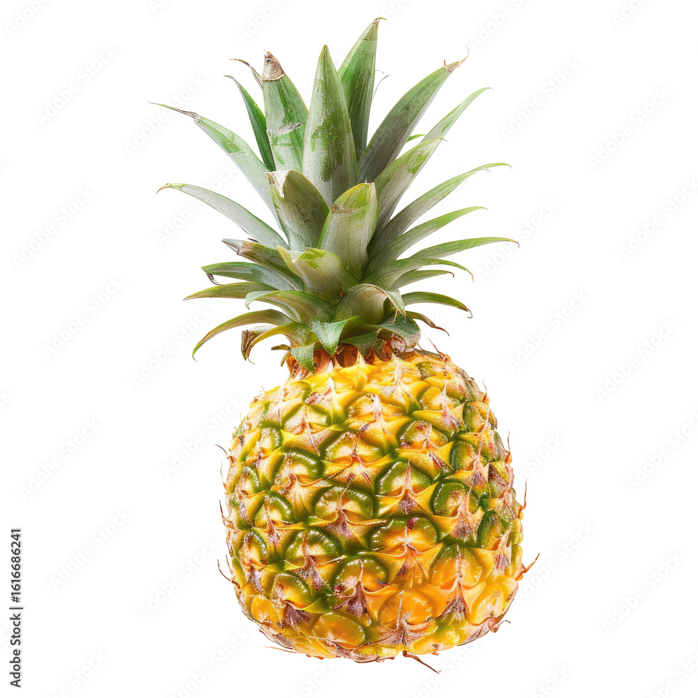Fototapeta premium Fresh pineapple, whole, vibrant yellow-gold rind, green leaves