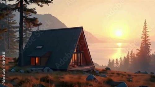 Experience the serene beauty of a modern cabin nestled in a tranquil mountain landscape at sunset in this video, perfect for relaxation