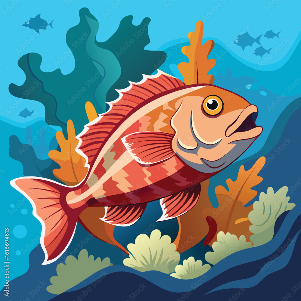 Naklejka premium Stylized Red Fish Swimming in the Ocean with Seaweed and Other Fish