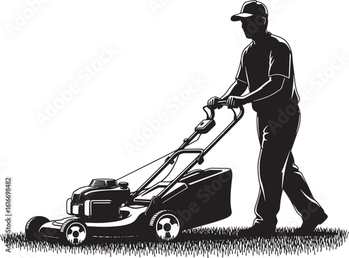 Silhouette man pushing a lawn mower on grass vector