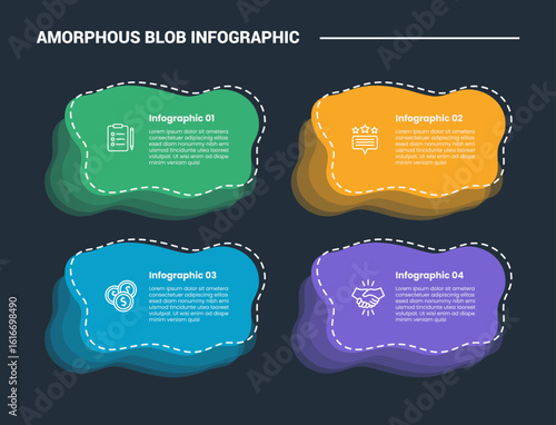 Amorphous blob shape infographic process diagram with stacked layer on quadrant structure with dark background bright outline style and 4 stages