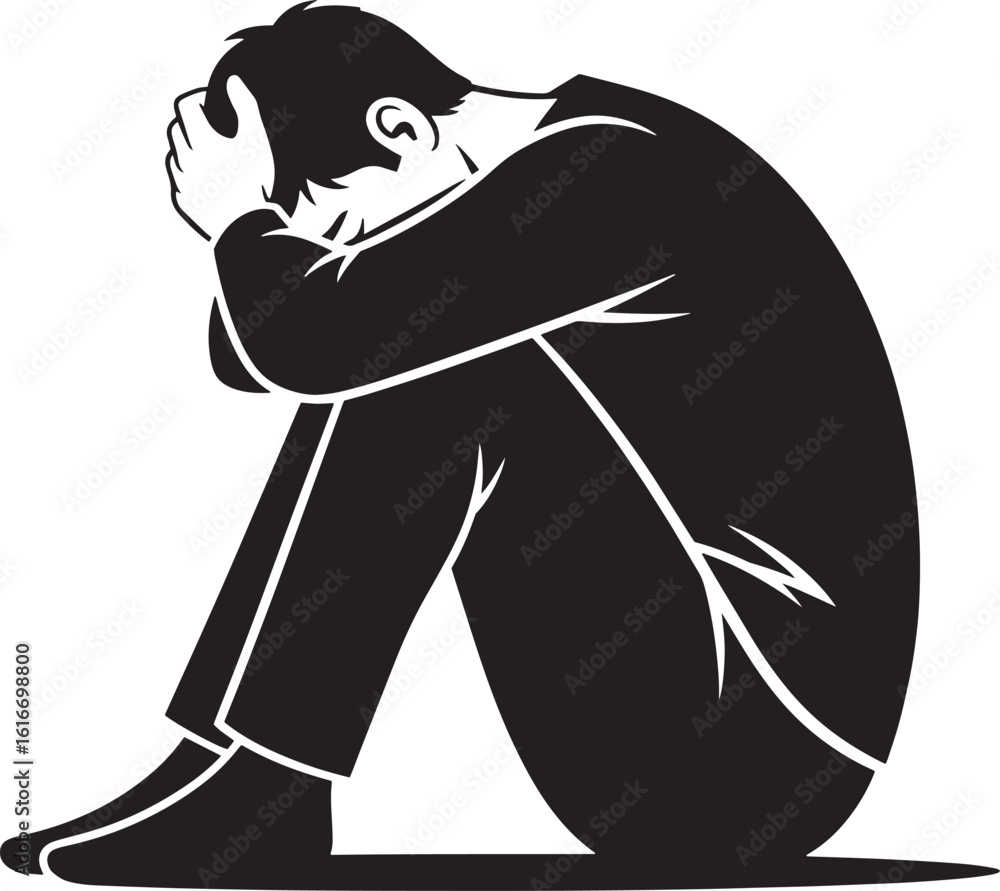 Fototapeta premium Silhouette of a man sitting with head in hands despair