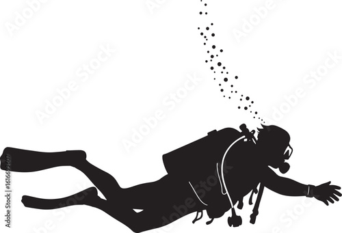 Black silhouette of a scuba diver swimming underwater with bubbles