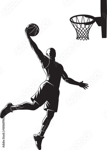 Black silhouette of basketball player dunking ball into hoop