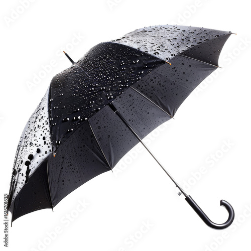 A black umbrella, wet with rain, angled