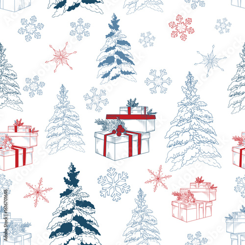 Christmas vector seamless hand drawn pattern with trees, snowflakes and gifts