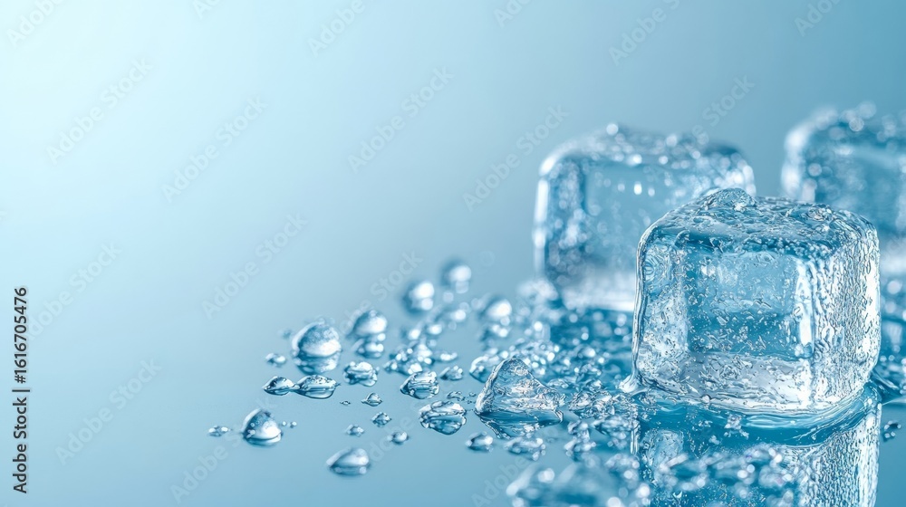 A melting ice cube on reflective glass against pale blue background A melting ice cube on reflective glass against pale blue background