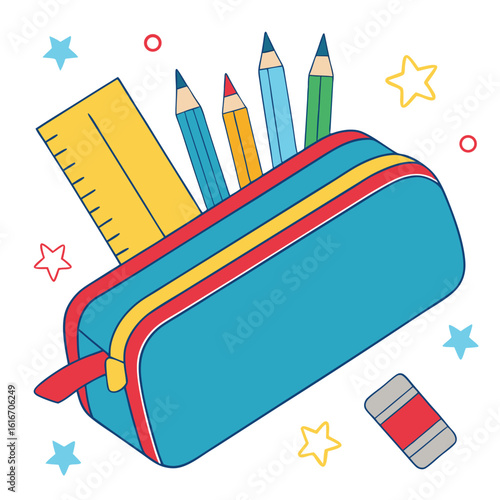 Colorful pencils, ruler, and eraser sit neatly within a blue pencil case on white