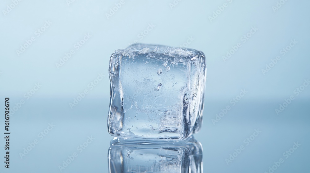 A melting ice cube on reflective glass against pale blue background A melting ice cube on reflective glass against pale blue background