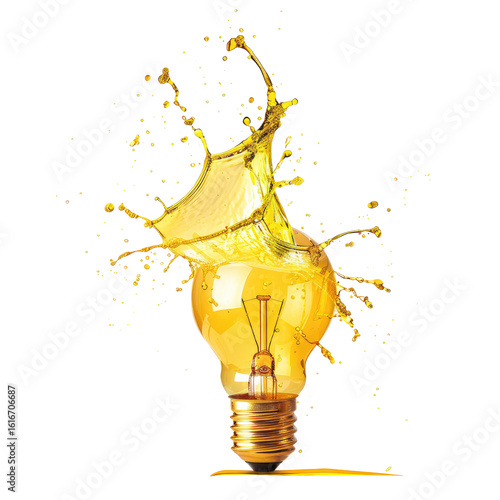 Golden lightbulb erupts in a splash of yellow liquid