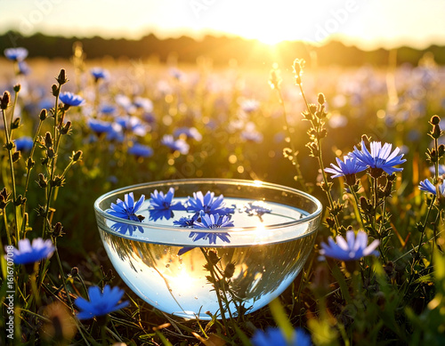 Solar Method Bach, glass bowl, chicory flowers with water, therapy flower remedy Bach, field, sun