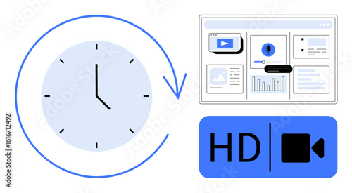 Clock with circular arrow, HD video icon, and analytics dashboard. Ideal for productivity, streaming, video quality, technology, time tracking content creation multimedia. Simple flat metaphor