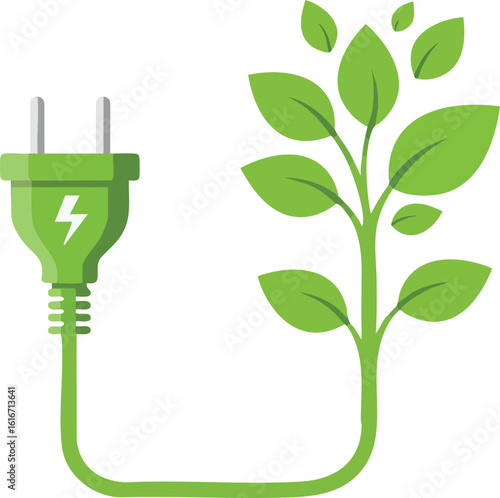 Green electric plug with leafy plant power concept for sustainable energy and eco friendly technology illustration 