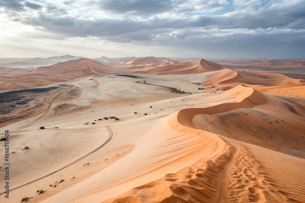 Fototapeta premium Sweeping aerial panorama of majestic orange sand dunes under a dramatic, cloudy sky. Sunbeams illuminate the vast, arid desert landscape of Africa.