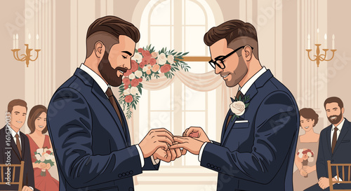 Gay Couple Exchanging Wedding Rings at Ceremony
