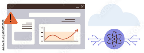 Dashboard interface featuring warning alert and growth chart, connected to AI cloud and digital circuits. Ideal for analytics, technology, innovation, AI, machine learning, security, data concepts