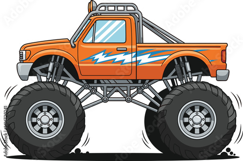 Black silhouette vector illustration of cartoon orange monster truck with blue lightning bolts, oversized tires, lifted suspension, off-road stunt vehicle