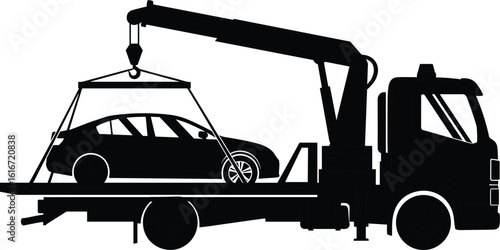 Cad drawing flat vector illustration, black silhouette tow truck lifting car, breakdown recovery vehicle, crane hook design, roadside assistance
