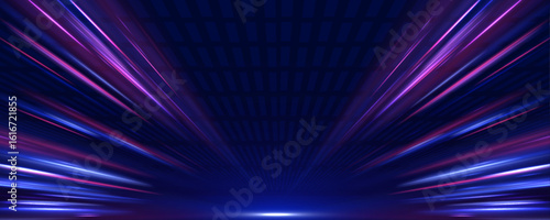 Futuristic neon glowing lines curve smoothly across a dark transparent background. Speed trails and energy flows suggest a high-tech cyberspace. Ideal for presentations or banners.