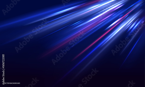 Blue neon rays descend from the top, merging with red light streaks. This motion effect simulates high speed and energy flow. Ideal for technology or space-themed visuals.