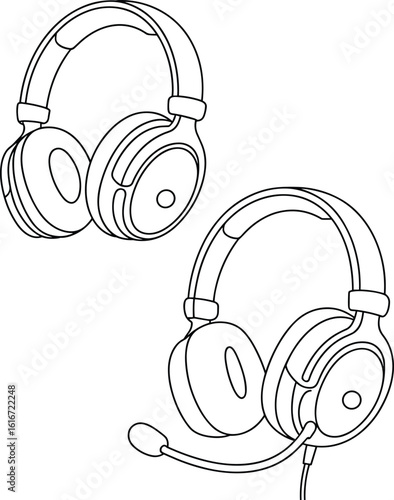 Modern headphones, gaming headset with microphone, CAD drawing, flat vector illustration, audio accessory, tech design, digital artwork, stock image