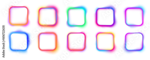Set of glowing neon square lamps isolated on white background with copy space. Illustration of neon electric style square frame. Gradient pink purple blue color. PNG