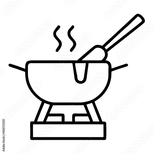 Cheese fondue pot with steam and spoon in simple outline style  