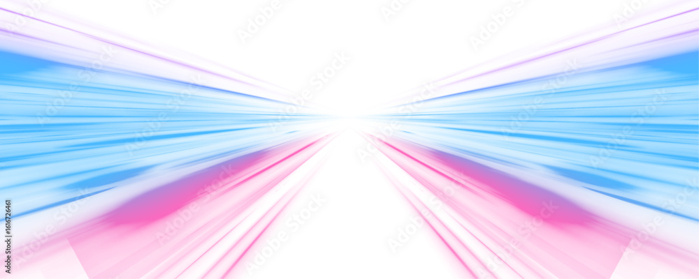 Fototapeta premium Neon stripes in the shape of a drill, turns and swirls. High speed concept illustration. Abstract background in blue and purple neon colors on a white background PNG.