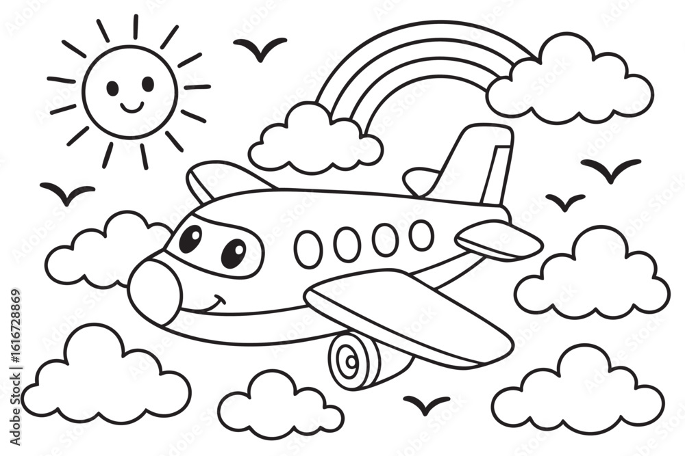 Obraz premium Coloring page for children with black outline of airplane, clouds, sun, and rainbow, isolated on white background. concept of kids fun, educational activity, aviation theme, cute design.